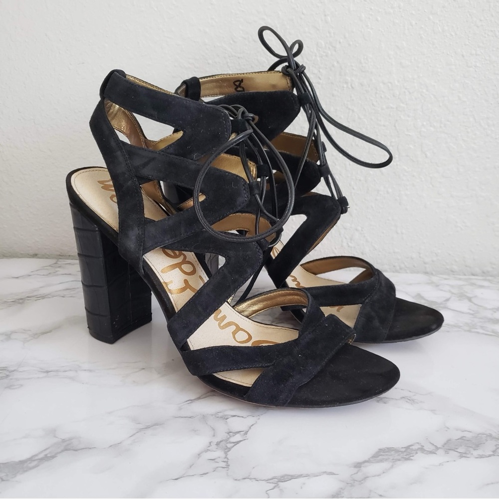 Sam Edelman Yardley black strap lace up chunky block heel.